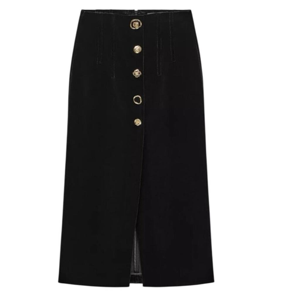 ZARA ZW Collection 4043/118 Velvet Pencil Skirt Black S 4 6 Buttons Midi